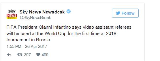 Copa do Mundo de 2018 vai contar com replay de jogadas 6