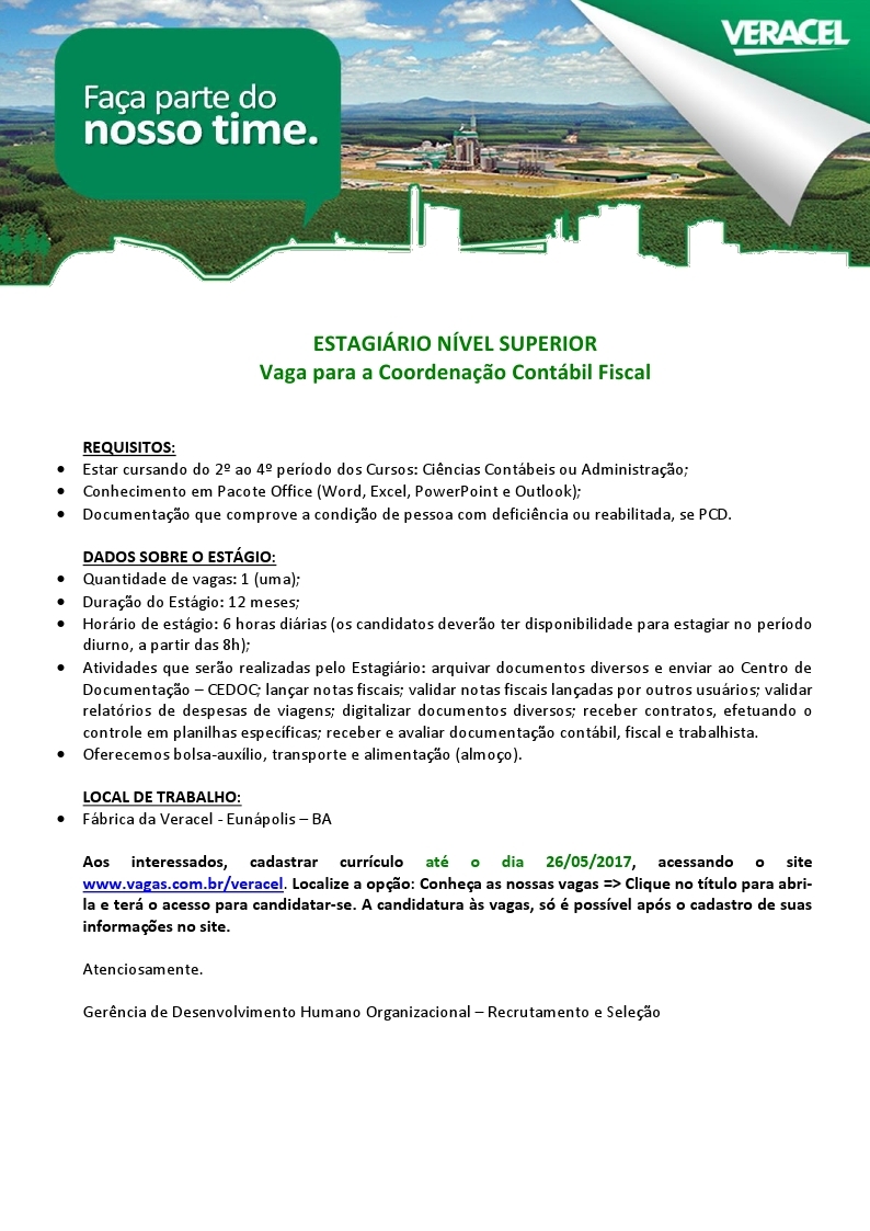 Veracel Celulose divulga editais para contratação de estagiários de nível técnico e de nível superior 6