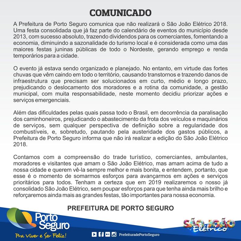 Prefeitura de Porto Seguro decide não realizar o São João Elétrico 2018 5