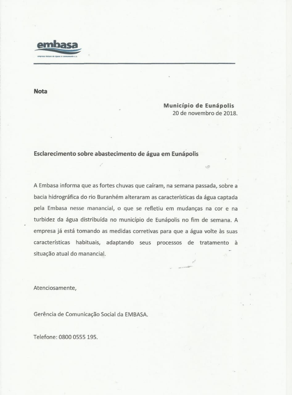 Nota de esclarecimento da Embasa: Abastecimento é temporariamente interrompido em bairros de Eunápolis 6