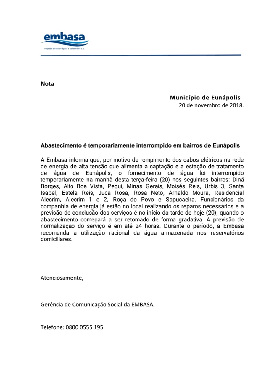 Nota de esclarecimento da Embasa: Abastecimento é temporariamente interrompido em bairros de Eunápolis 5