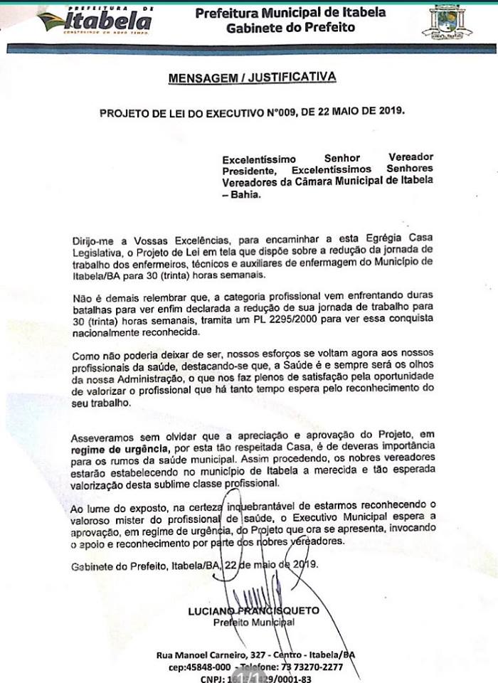 Prefeitura de Itabela envia projeto de lei para legislativo votar redução de carga horária de enfermeiros e técnicos 6