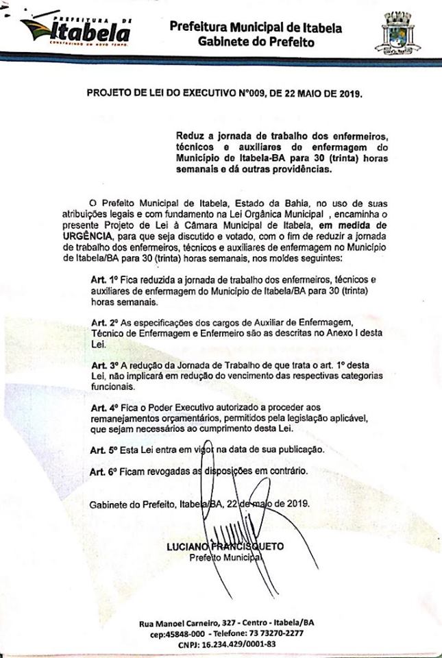 Prefeitura de Itabela envia projeto de lei para legislativo votar redução de carga horária de enfermeiros e técnicos 7