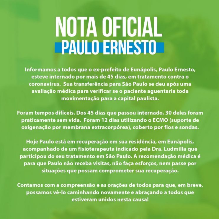NOTA PÚBLICA: Estado de saúde do ex-prefeito Paulo Ernesto, em recuperação, ainda inspira cuidados 5