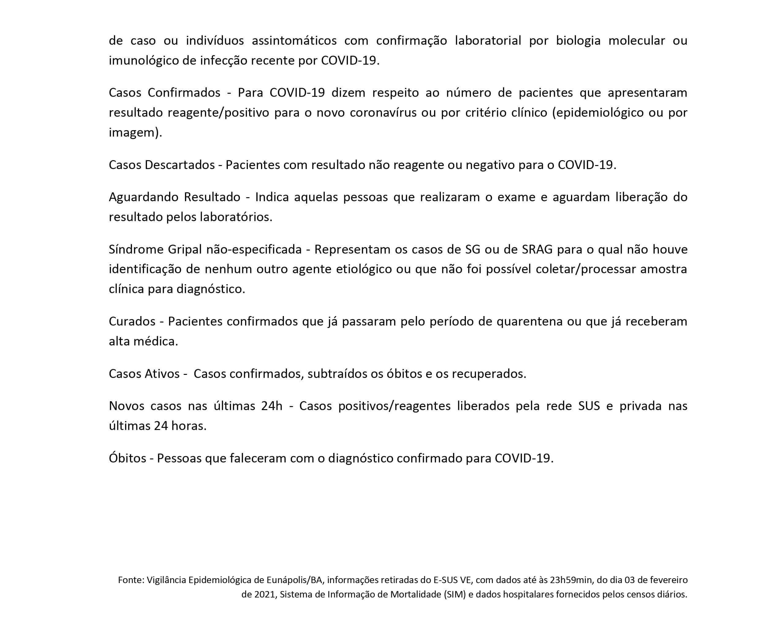 Boletim Epidemiológico Coronavírus do município de Eunápolis para a data de hoje, 03/02/2021. 7