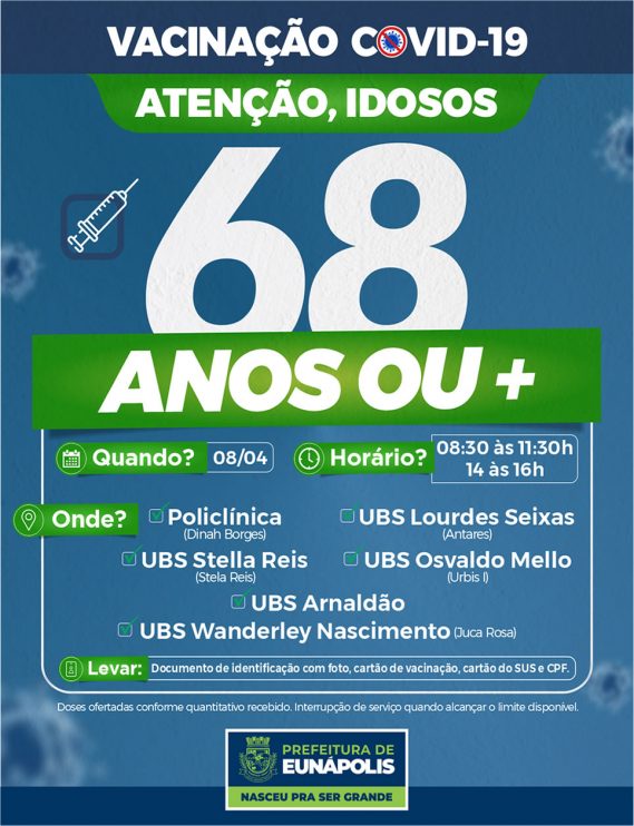 Em Eunápolis, clima tranquilo marca vacinação de idosos acima de 68 anos Seis unidades realizaram imunização hoje. Imunização continua amanhã, quinta-feira, dia 08 4