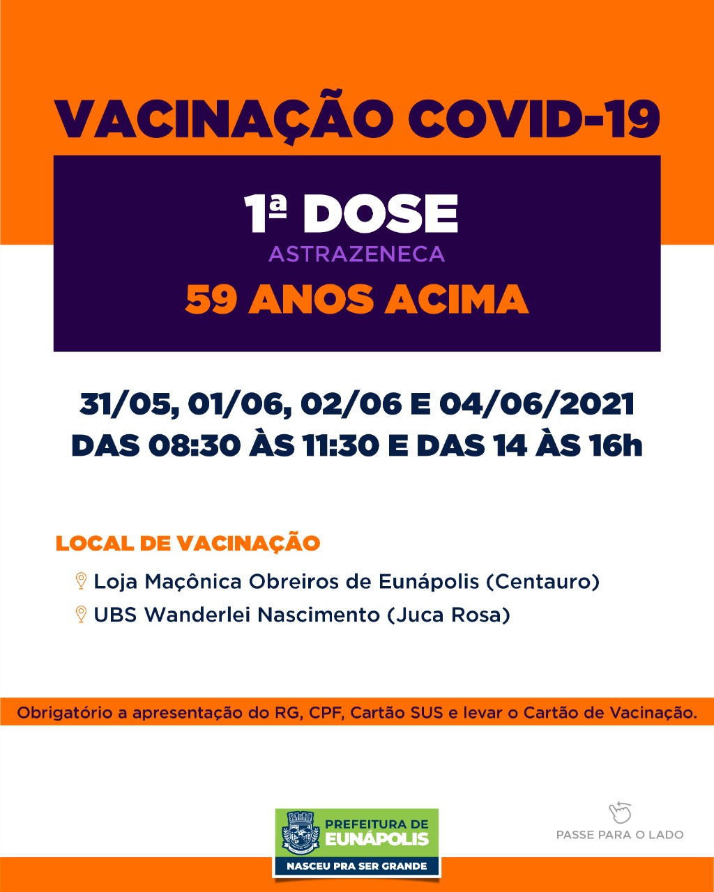 Secretaria de Saúde de Eunápolis informa o cronograma da semana de vacinação contra à Covid-19 9