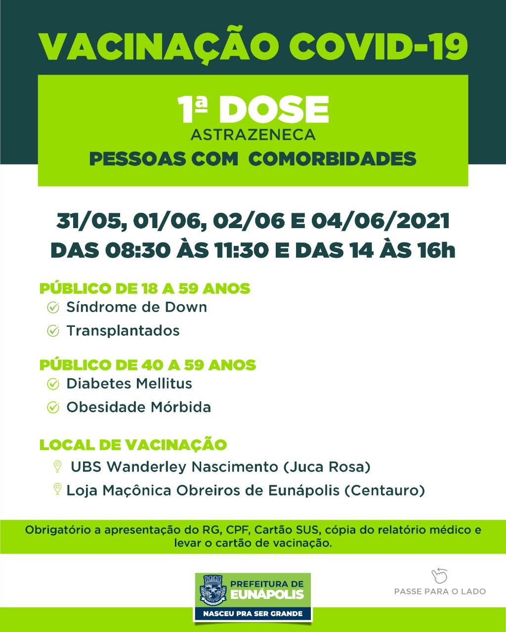 Secretaria de Saúde de Eunápolis informa o cronograma da semana de vacinação contra à Covid-19 6