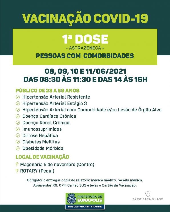Eunápolis: Secretaria de Saúde informa o cronograma da semana de vacinação contra à Covid-19 10