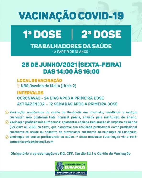 Eunápolis: Cronograma de vacinação contra à Covid-19 – 25/06 7