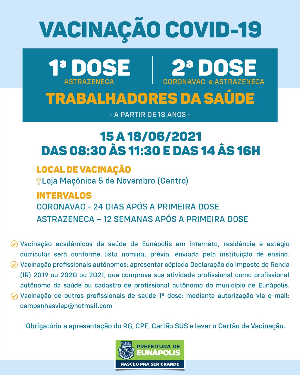 Eunápolis: Secretaria de Saúde informa o cronograma da semana de vacinação contra à Covid-19 15