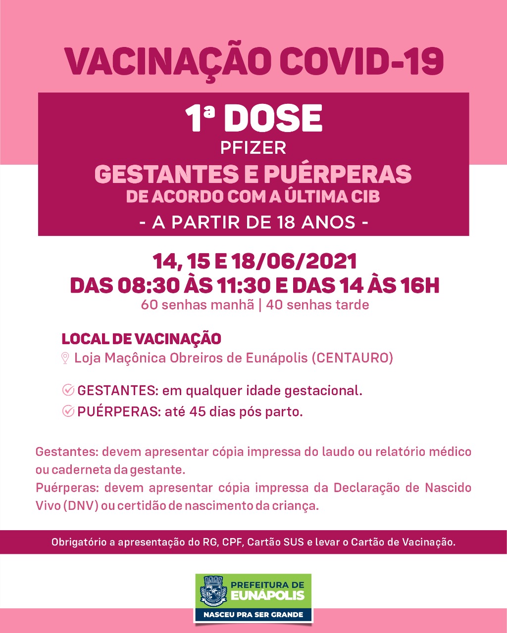 Eunápolis: Secretaria de Saúde informa o cronograma da semana de vacinação contra à Covid-19 17