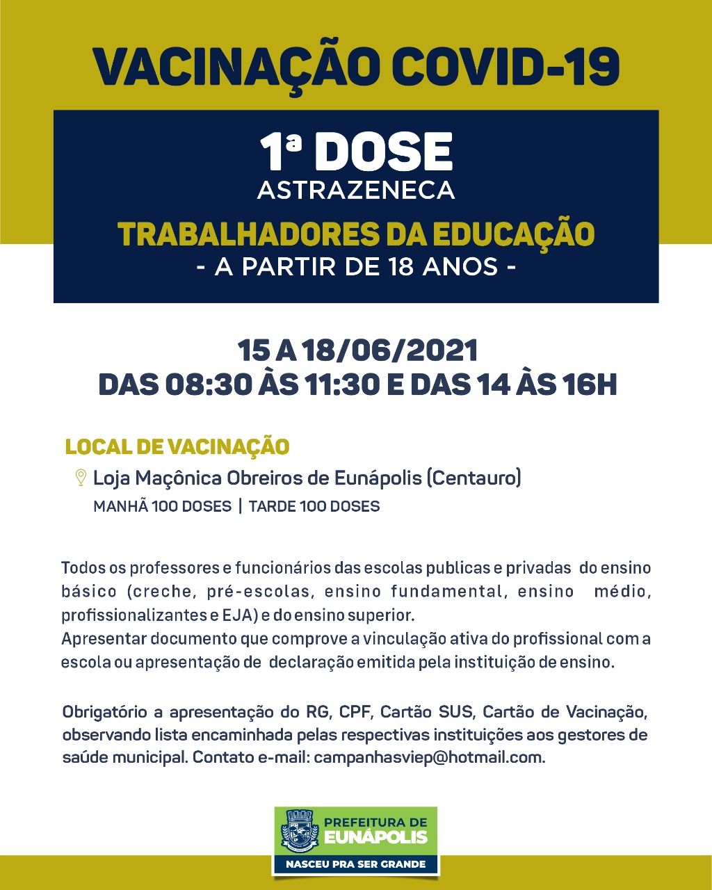 Eunápolis: Secretaria de Saúde informa o cronograma da semana de vacinação contra à Covid-19 10