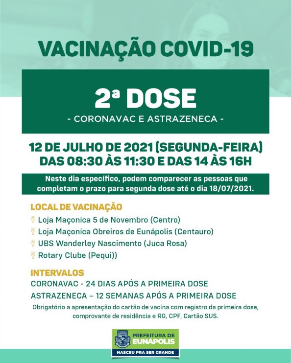 Eunápolis aplica 2ª dose das vacinas Coronavac e Astrazeneca nesta segunda-feira 11