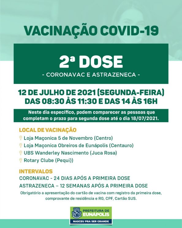 Eunápolis aplica 2ª dose das vacinas Coronavac e Astrazeneca nesta segunda-feira 4