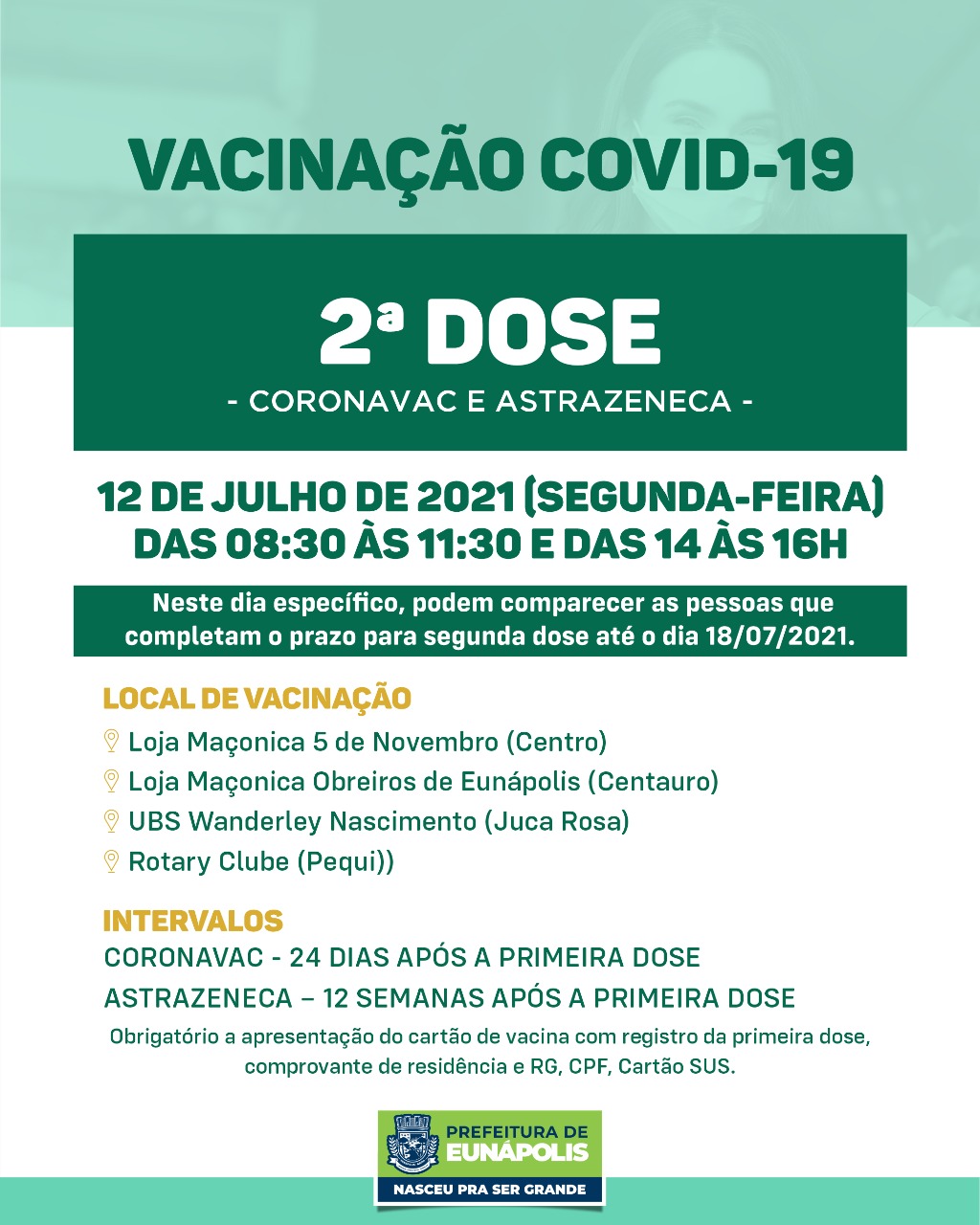 Eunápolis aplica 2ª dose das vacinas Coronavac e Astrazeneca nesta segunda-feira 5