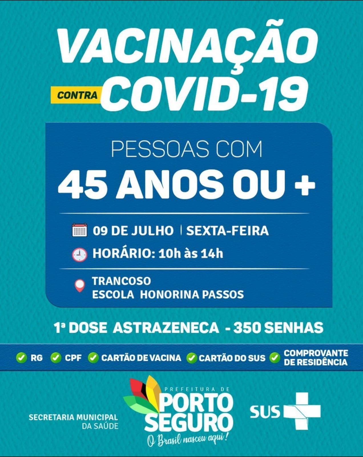 Cronograma de Vacinação contra Covid-19, em Porto Seguro; de 07 à 10 de julho 11