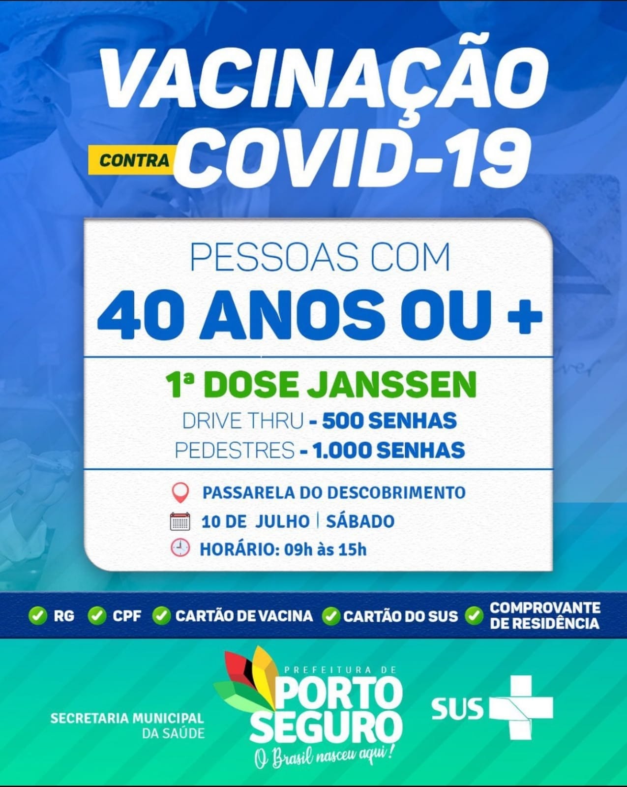 Cronograma de Vacinação contra Covid-19, em Porto Seguro; de 07 à 10 de julho 13