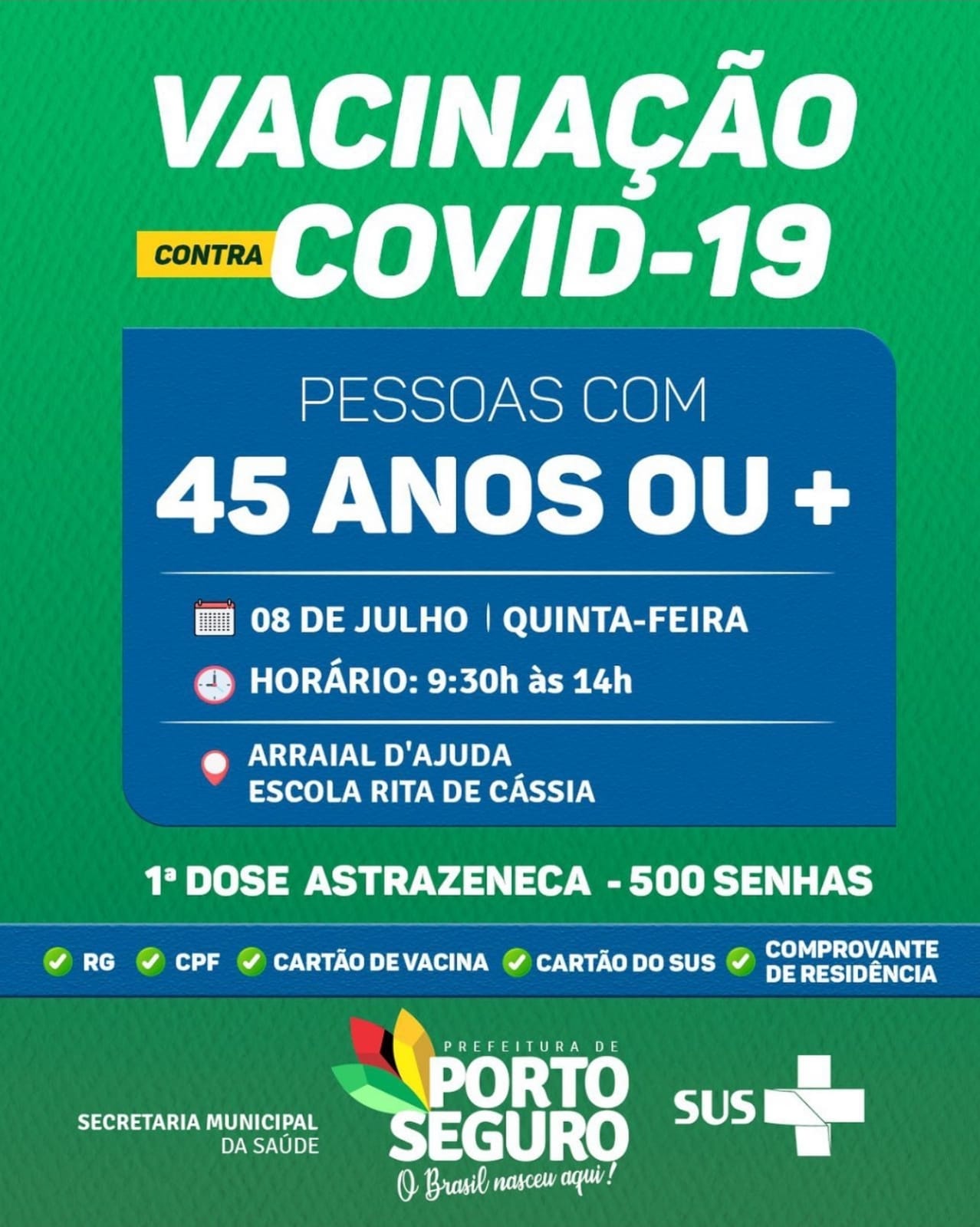 Cronograma de Vacinação contra Covid-19, em Porto Seguro; de 07 à 10 de julho 8