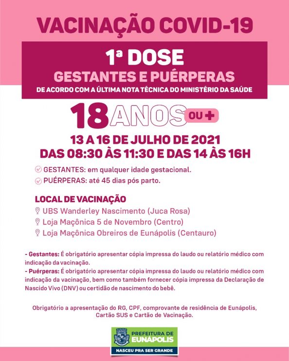Eunápolis: Cronograma de vacinação contra à Covid-19 – 13 a 16 de Julho/2021 8