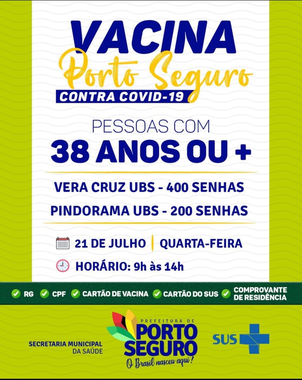Vacina Porto Seguro contra Covid-19; cronograma de vacinação de 21 a 22 de julho 5