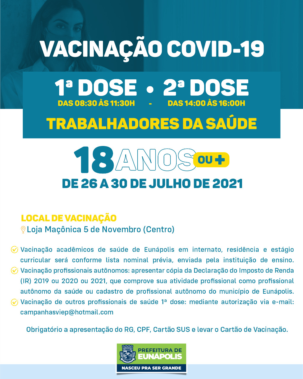 Eunápolis: Cronograma de vacinação contra à Covid-19: 26 a 30 de Julho/2021 5