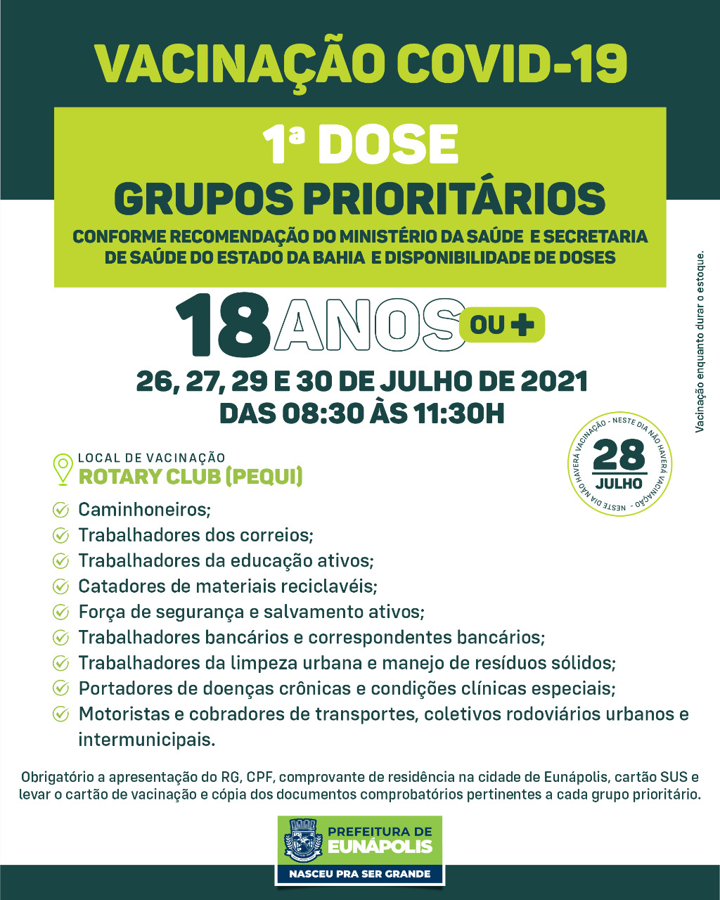 Eunápolis: Cronograma de vacinação contra à Covid-19: 26 a 30 de Julho/2021 7