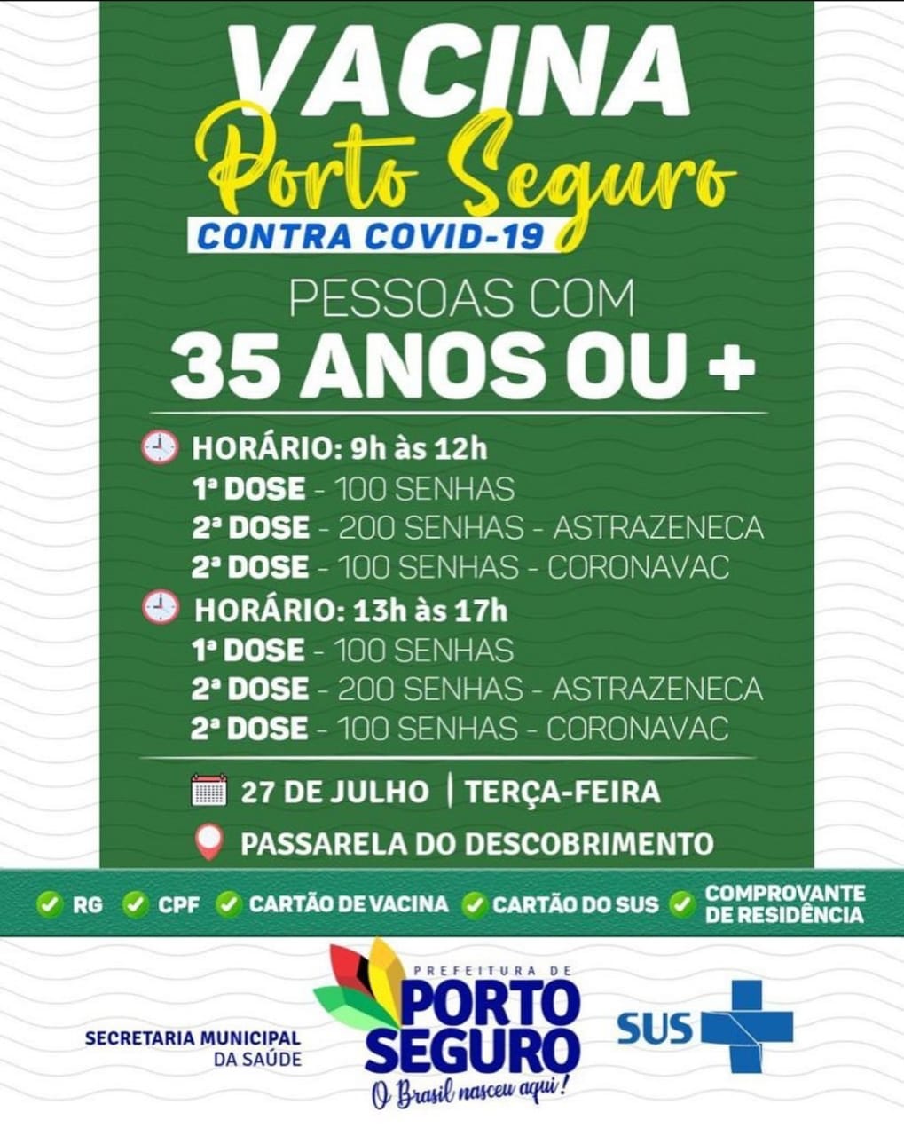 Vacina Porto Seguro contra Covid-19; cronograma de vacinação de 26 a 28 de julho 9