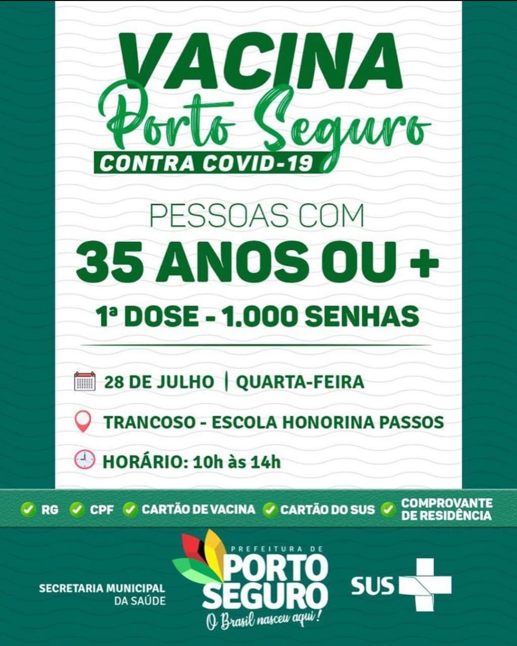 Vacina Porto Seguro contra Covid-19; cronograma de vacinação de 26 a 28 de julho 10