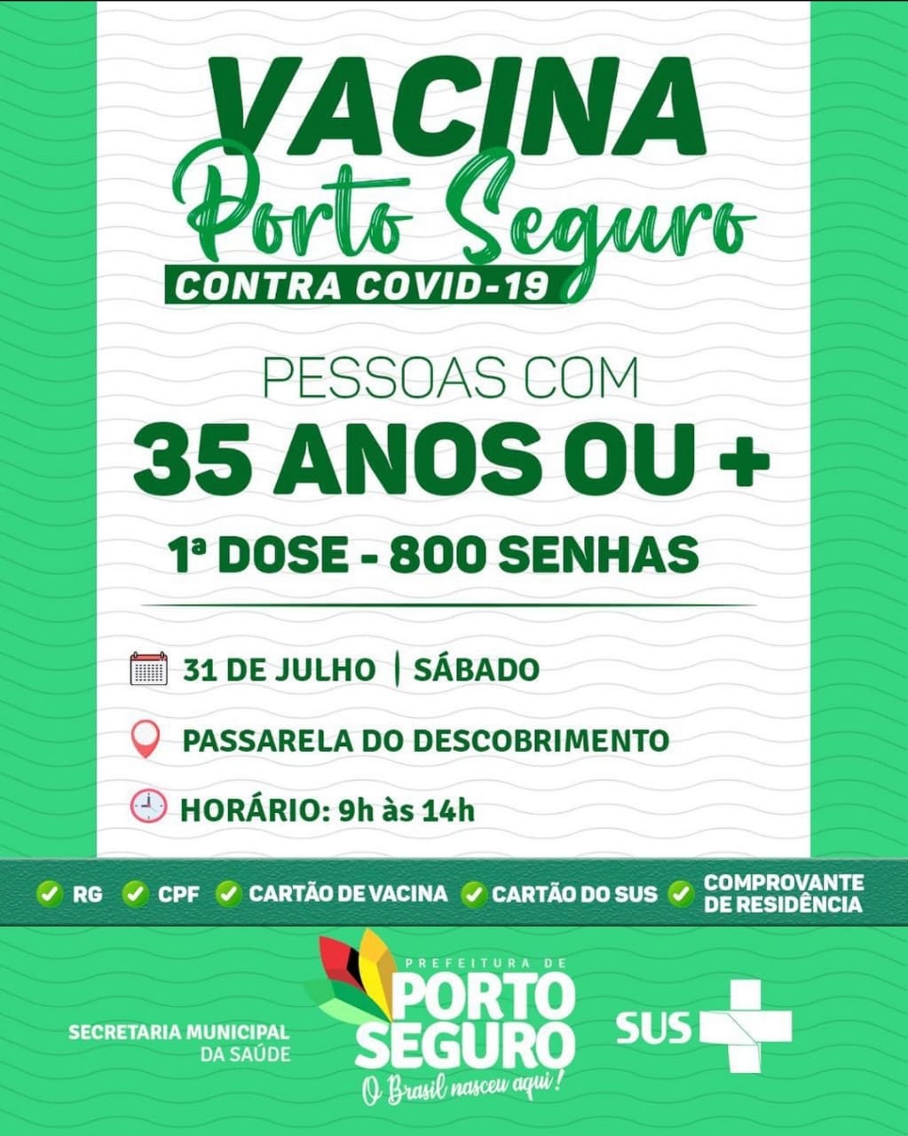 Vacina Porto Seguro contra Covid-19; cronograma de vacinação de 30 a 31 de julho 7