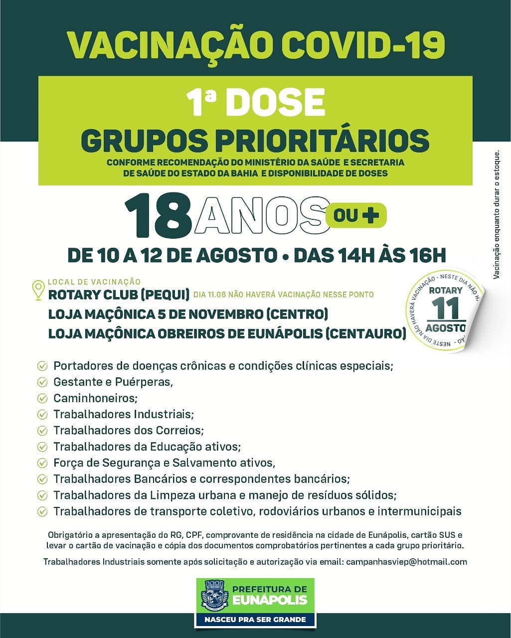 Eunápolis: Cronograma de vacinação contra à Covid-19: ( 12 de Agosto/2021) 6