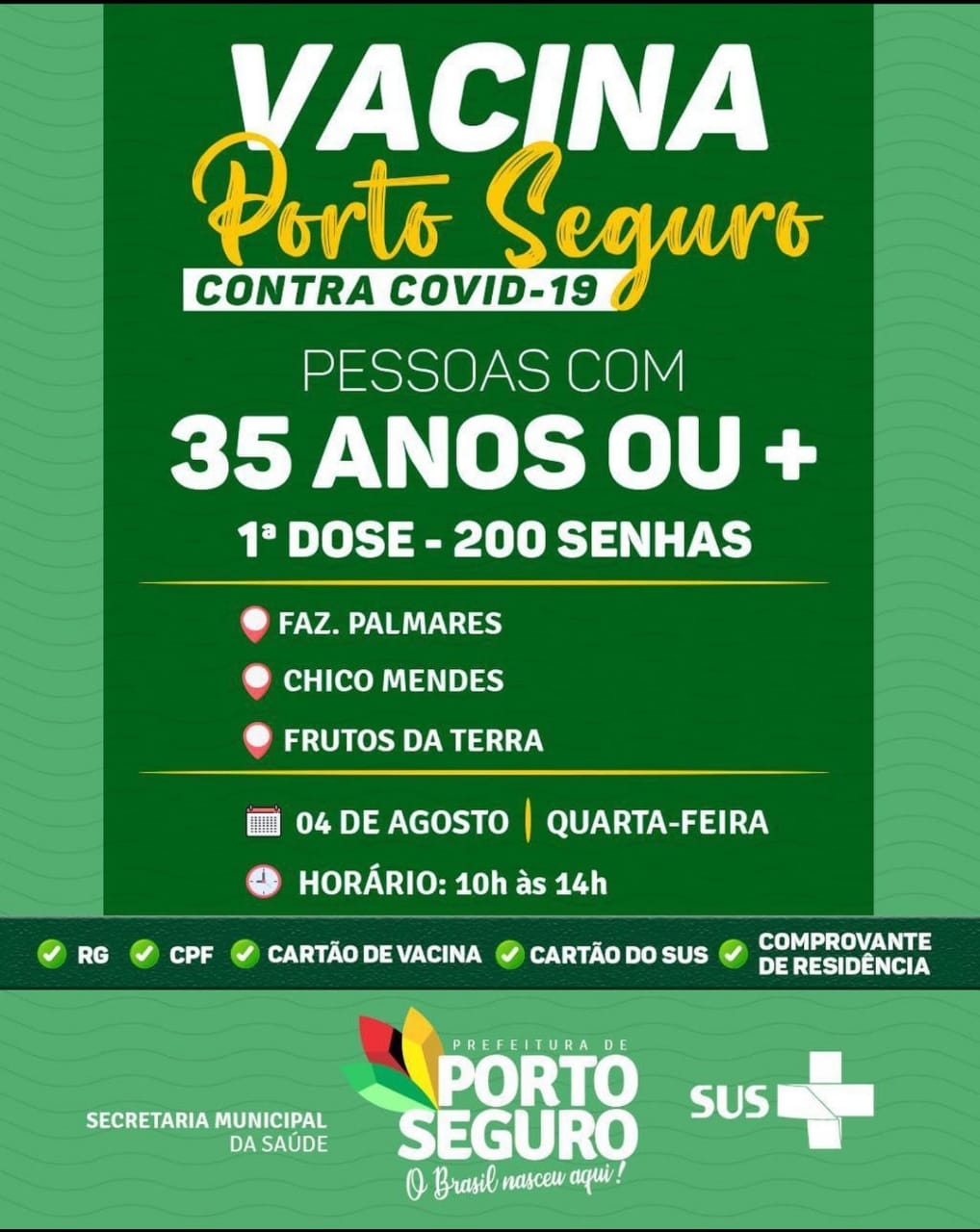 Vacina Porto Seguro contra Covid-19; cronograma de vacinação de 02 a 04 de Agosto 12