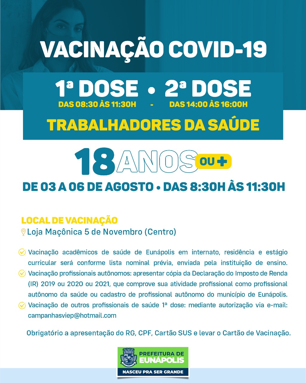 Eunápolis: Cronograma de vacinação contra à Covid-19: 03 a 06 de Agosto/2021 6