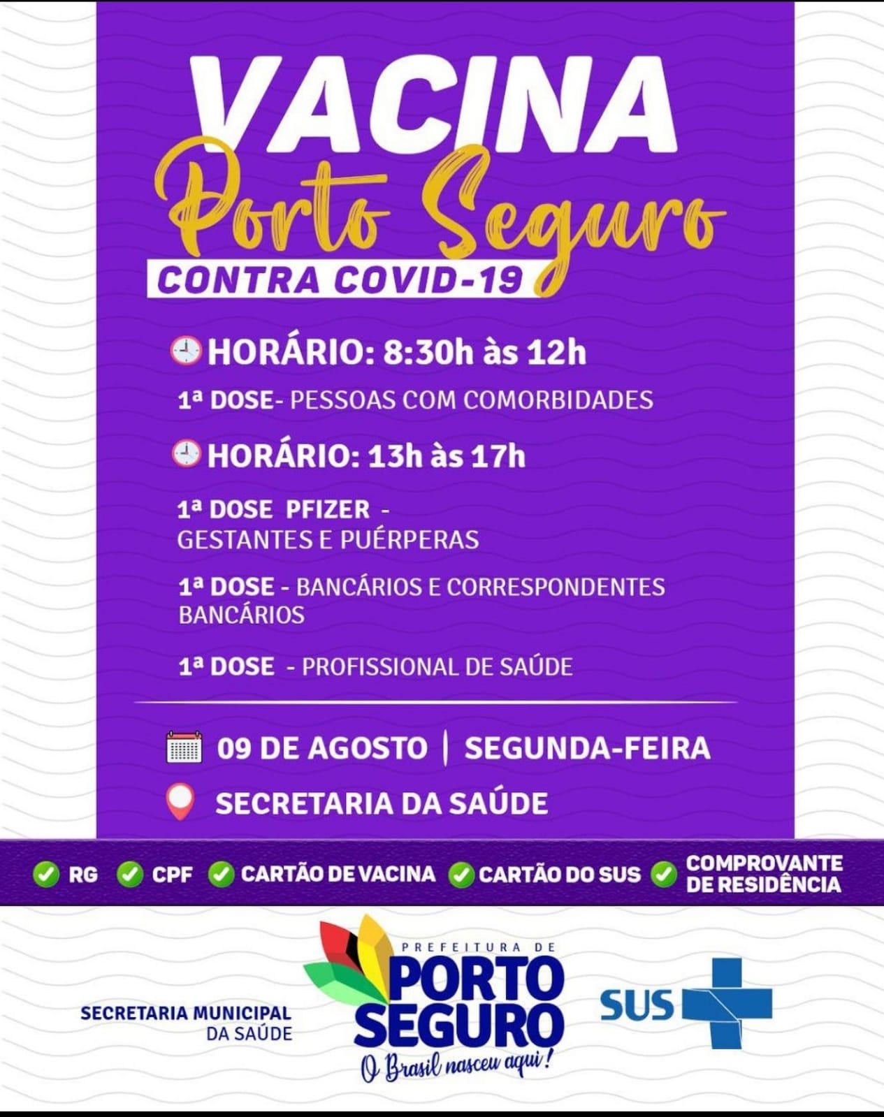 Porto Seguro: Cronograma de Vacinação contra a Covid-19 (de 09 a 10 de agosto) 5