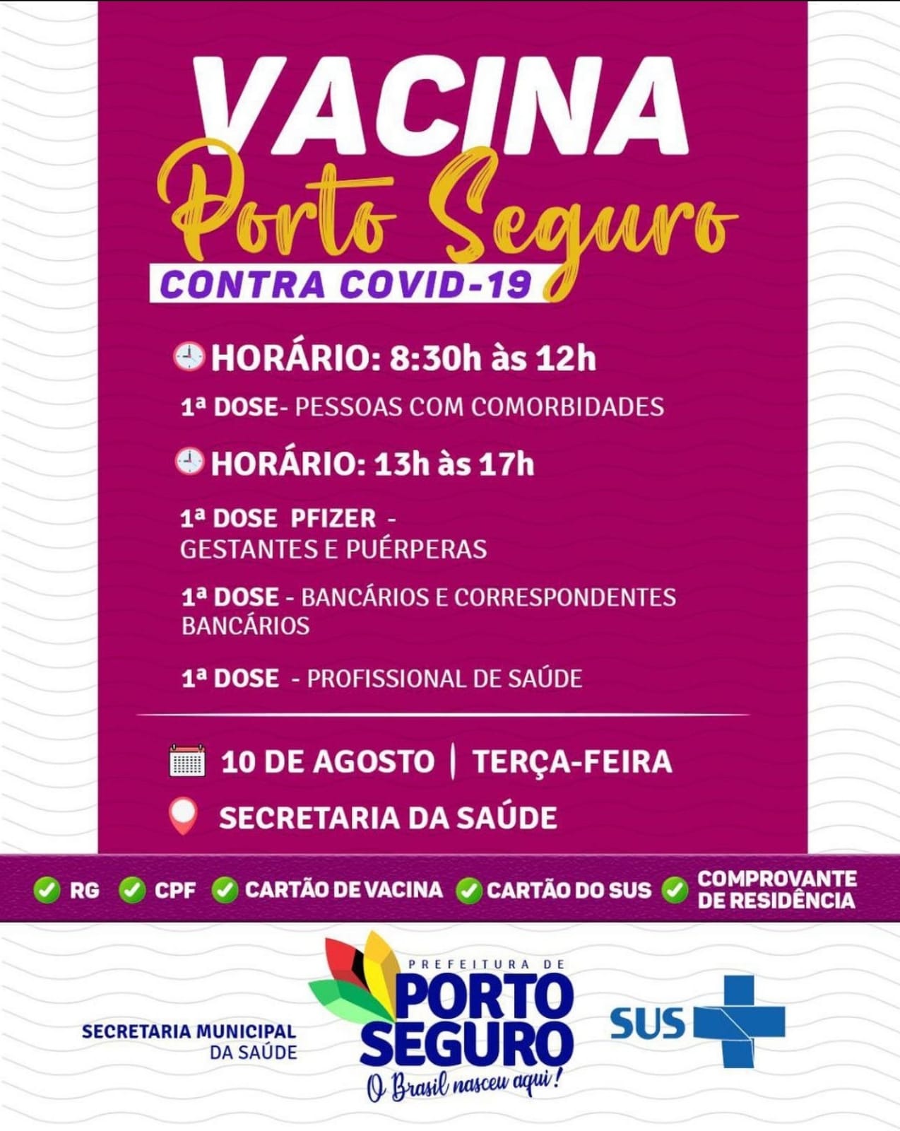 Porto Seguro: Cronograma de Vacinação contra a Covid-19 (de 09 a 10 de agosto) 9