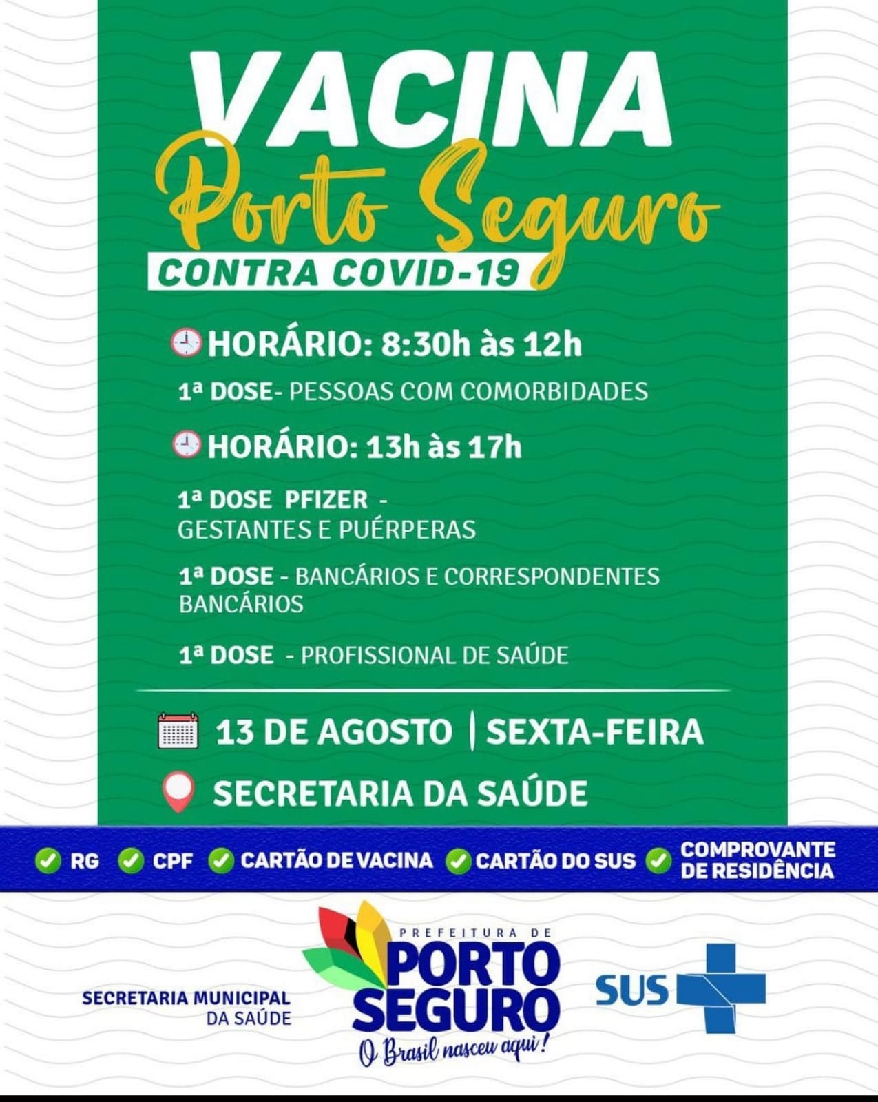 Porto Seguro: Cronograma de Vacinação contra a Covid-19 (de 12 a 13 de agosto) 13