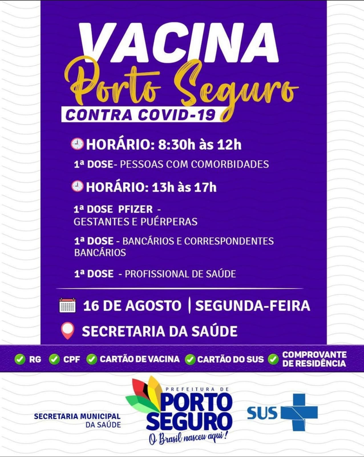 Porto Seguro: Cronograma de Vacinação contra a Covid-19 (de 16 de agosto) 5