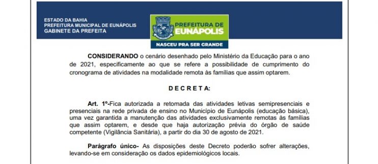 Prefeitura de Eunápolis autoriza retomada das aulas presenciais e semipresenciais na rede particular 13