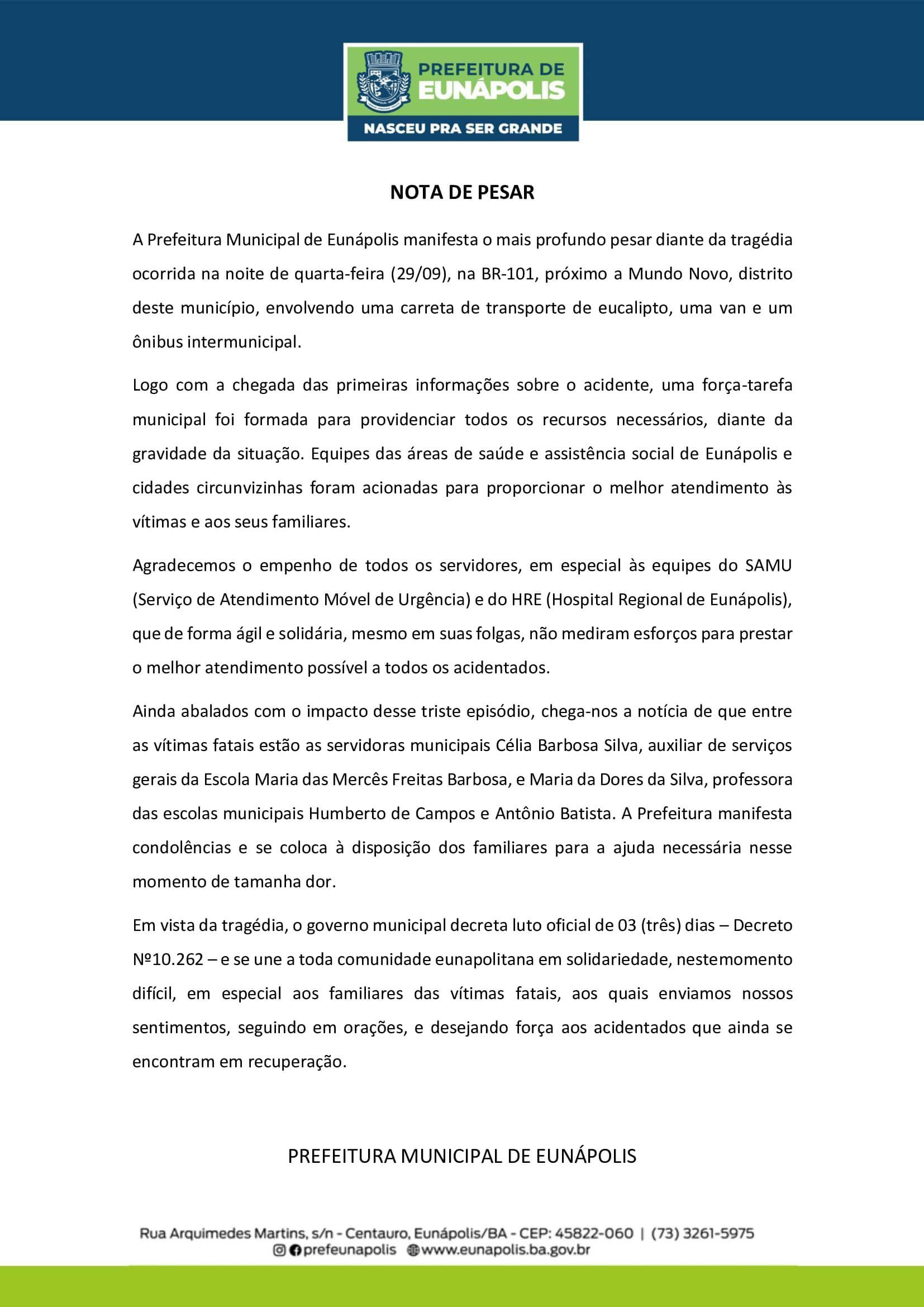 Prefeitura de Eunápolis emite Nota de Pesar e decreta Luto Oficial pelo trágico acidente em Mundo Novo 5