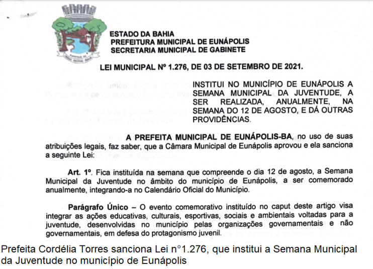 Prefeita sanciona lei que institui Semana Municipal da Juventude em Eunápolis 10