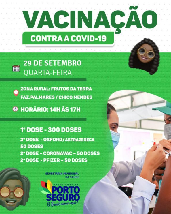 Porto Seguro: Cronograma de Vacinação contra a Covid-19; de 27/09 a 01/10 13
