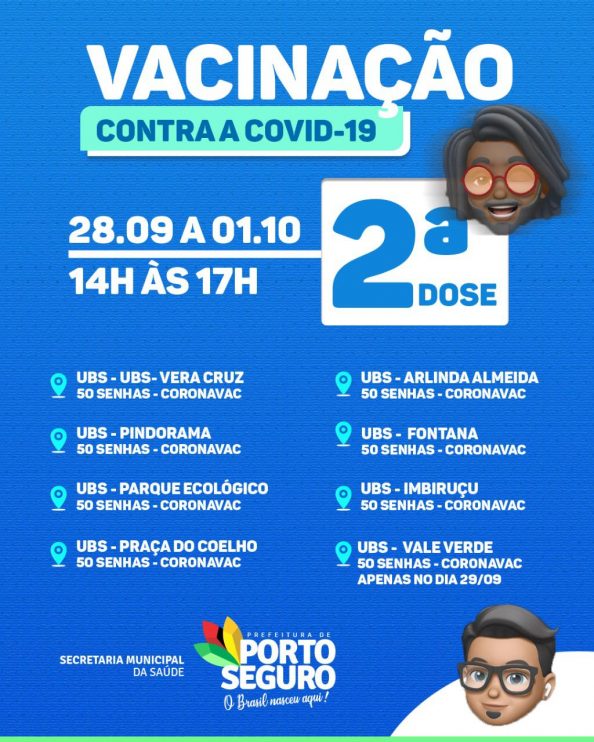 Porto Seguro: Cronograma de Vacinação contra a Covid-19; de 27/09 a 01/10 10