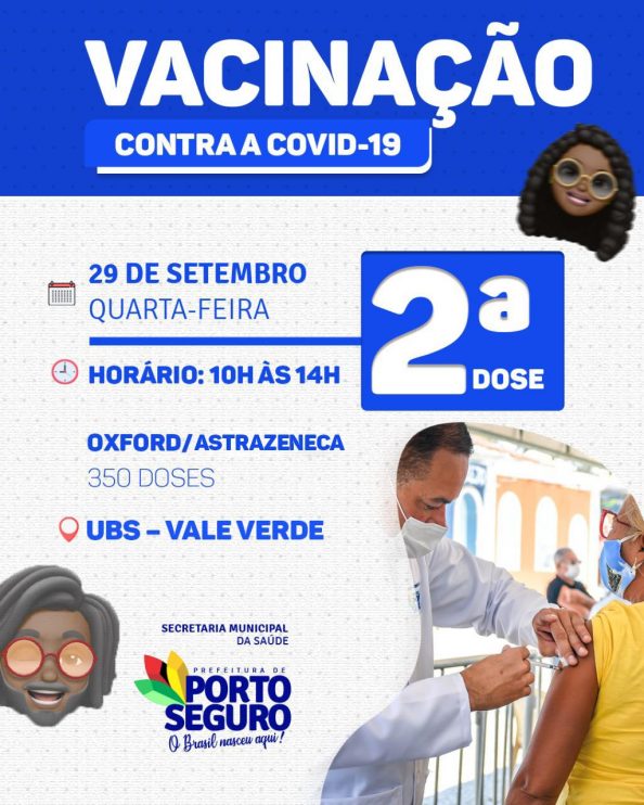 Porto Seguro: Cronograma de Vacinação contra a Covid-19; de 27/09 a 01/10 12