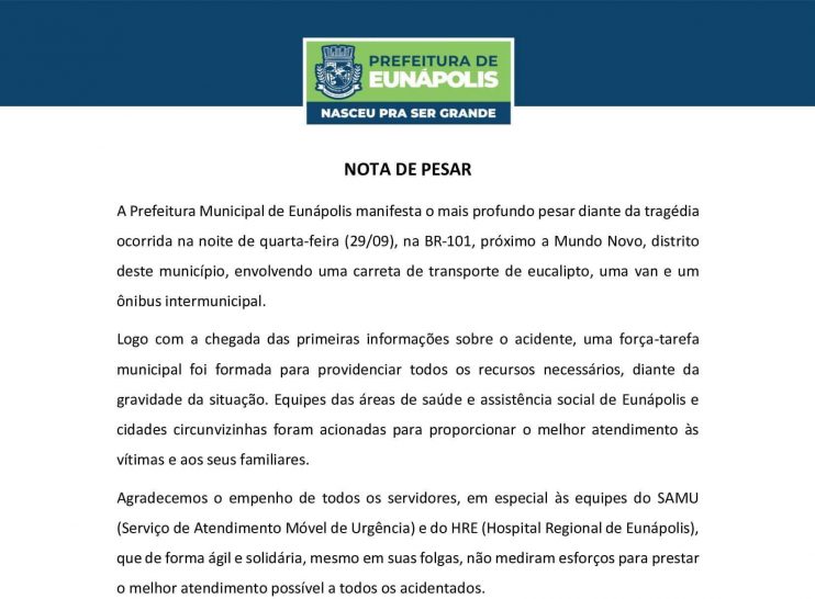 Prefeitura de Eunápolis emite Nota de Pesar e decreta Luto Oficial pelo trágico acidente em Mundo Novo 13