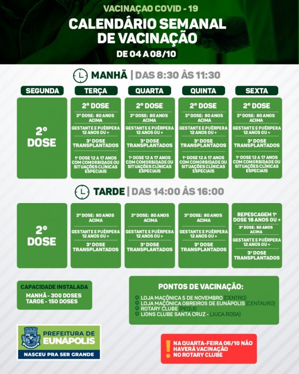 EUNÁPOLIS: CALENDÁRIO SEMANAL DE VACINAÇÃO COVID-19 | DE 04 À 08/10 8