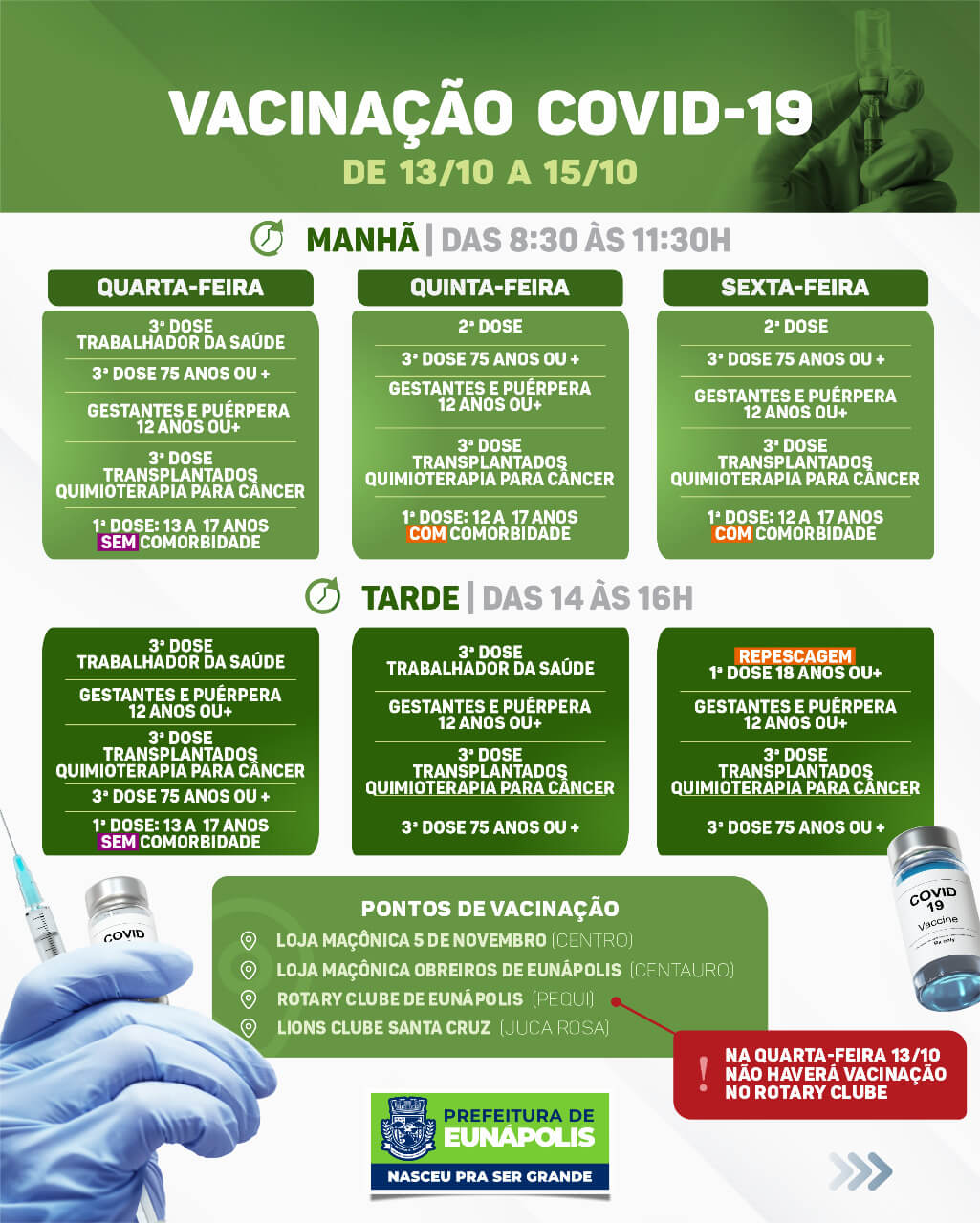 EUNÁPOLIS: CALENDÁRIO DE VACINAÇÃO COVID-19 | DE 13 A 15/10 5