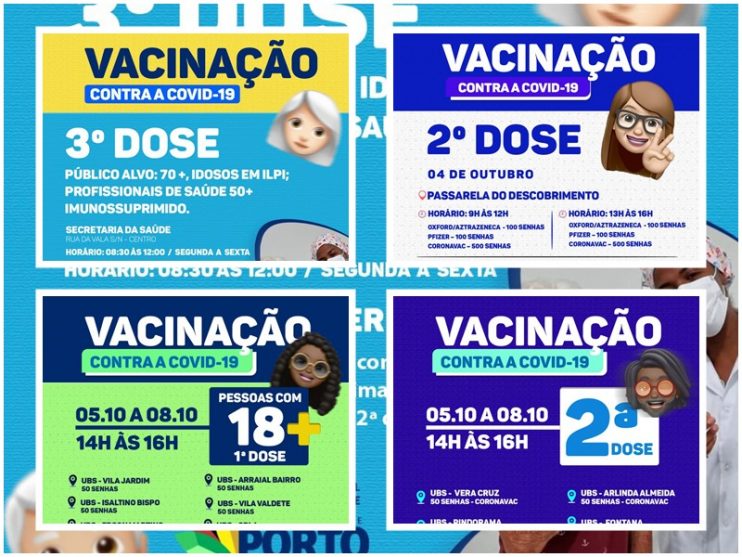 Porto Seguro: Cronograma de Vacinação contra a Covid-19; de 04/10 a 05/10 11
