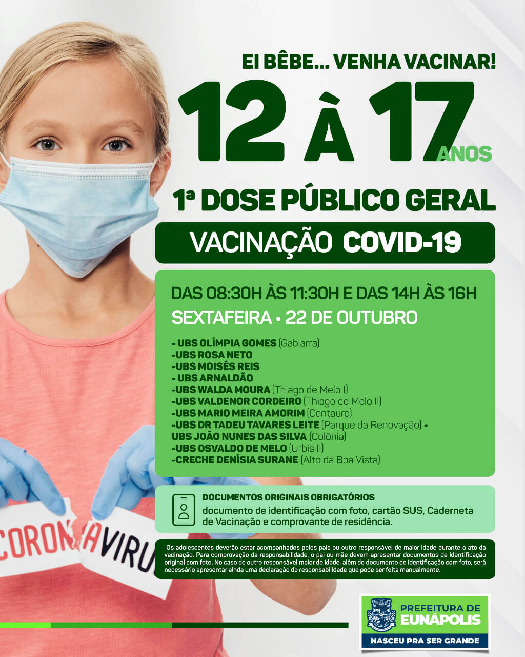 Eunápolis vacina adolescentes de 12 a 17 anos em diversos pontos de imunização nesta sexta-feira 18