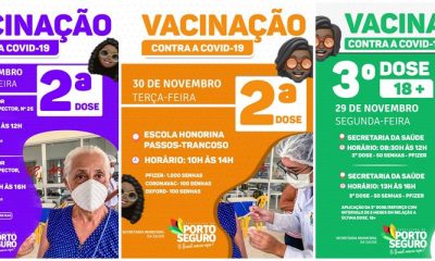 Porto Seguro: Cronograma de Vacinação contra a Covid-19; de 29 A 30 de novembro 29