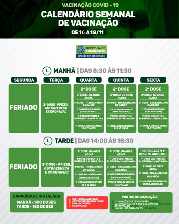 EUNÁPOLIS: CALENDÁRIO SEMANAL DE VACINAÇÃO COVID-19 | DE 16 A 19/11] 9